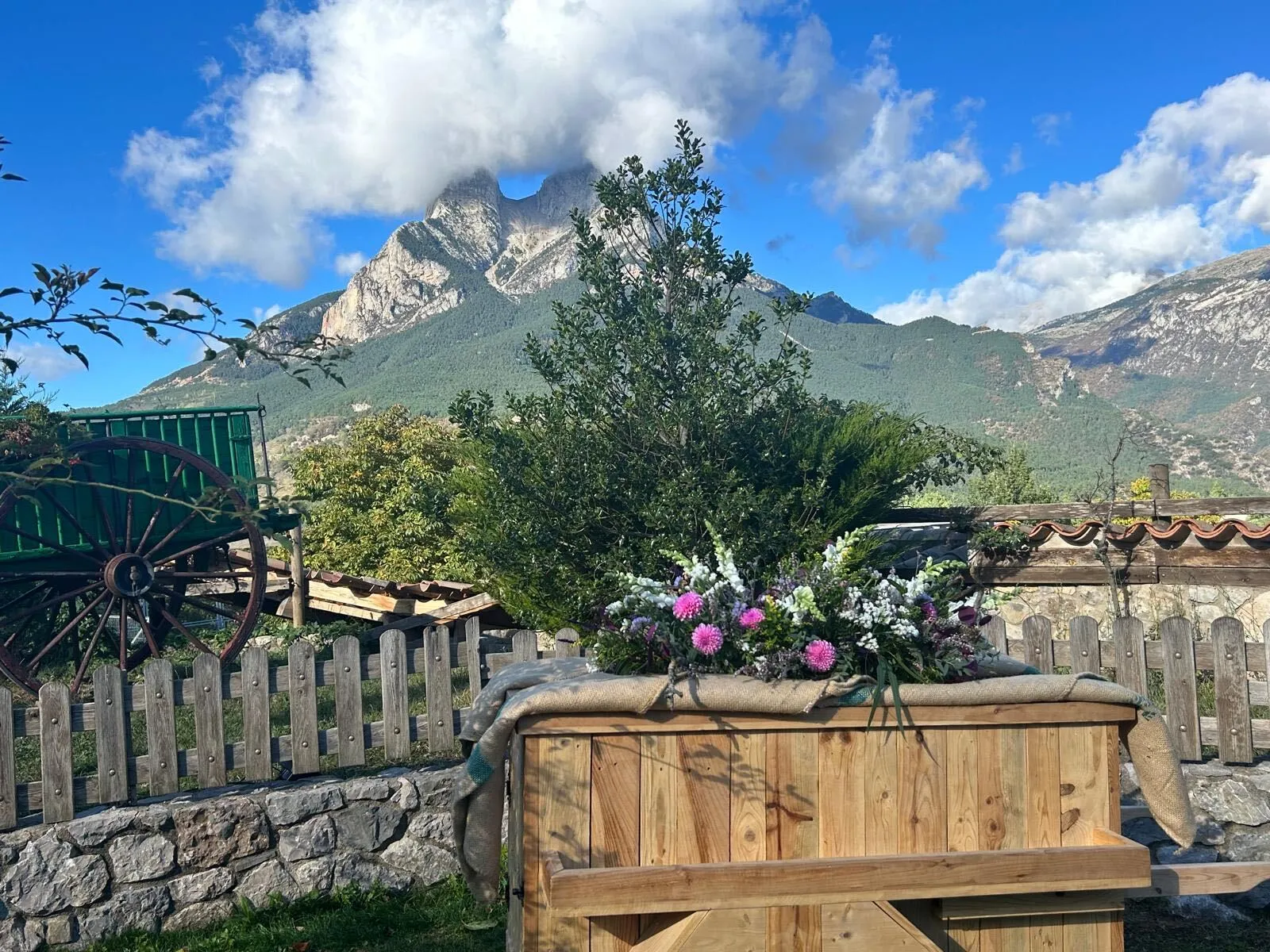 Flors de casament sobre una caixa de fusta al jardí, amb un carro antic i el Pedraforca al fons