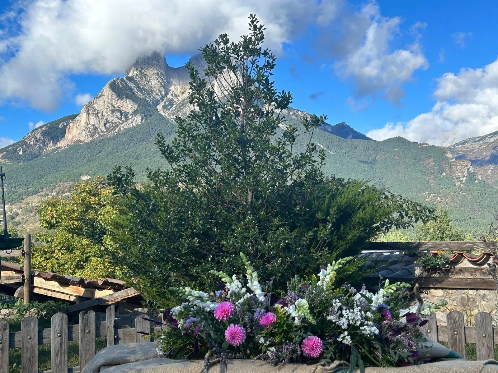 Centre de flors de casament al jardí, amb el Pedraforca entre núvols al fons