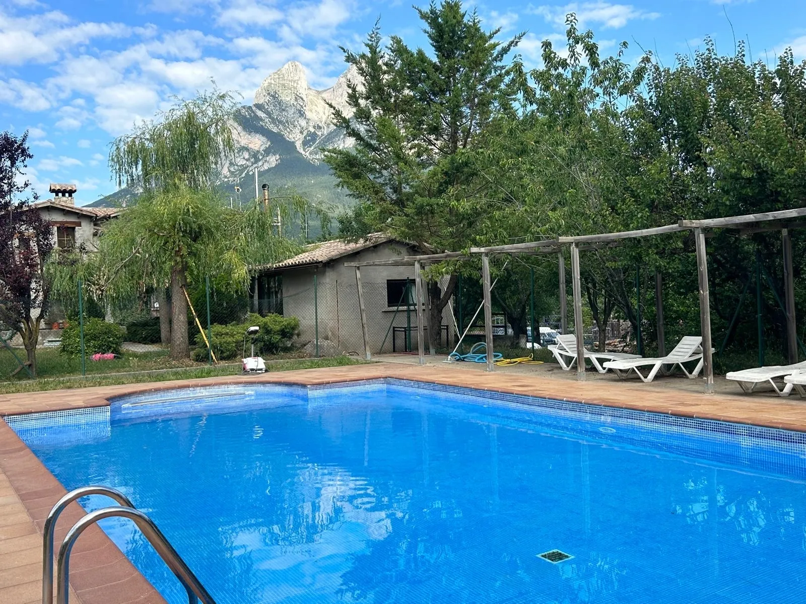 Piscina exterior envoltada de gespa i gandules, amb el bosc al voltant